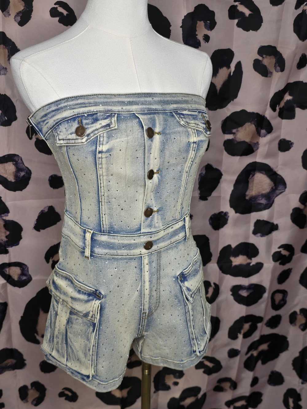 🔥🔥American Bazi 💎Rhinestone Strapless Denim Cargo Romper🔥🔥